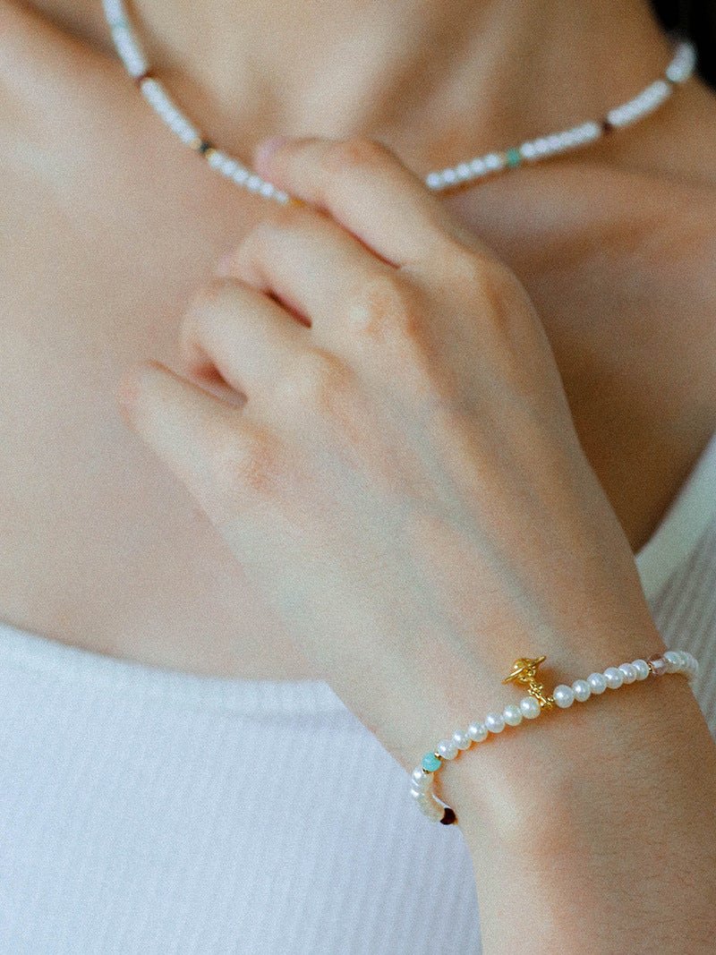 Mini Pearl & Colorful Natural Stone Saturn Pendant Necklace - floysun