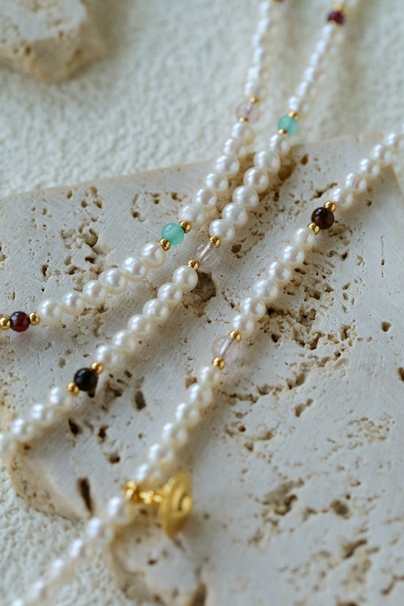 Mini Pearl & Colorful Natural Stone Saturn Pendant Necklace - floysun