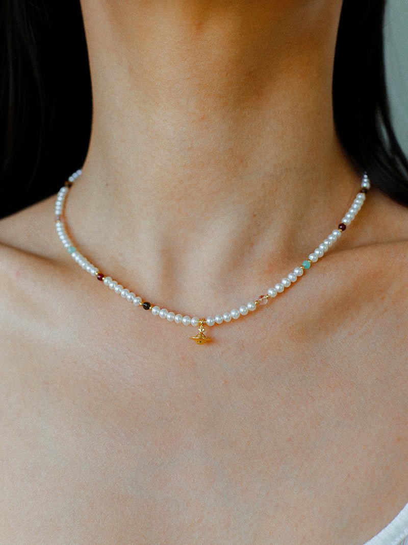 Mini Pearl & Colorful Natural Stone Saturn Pendant Necklace - floysun