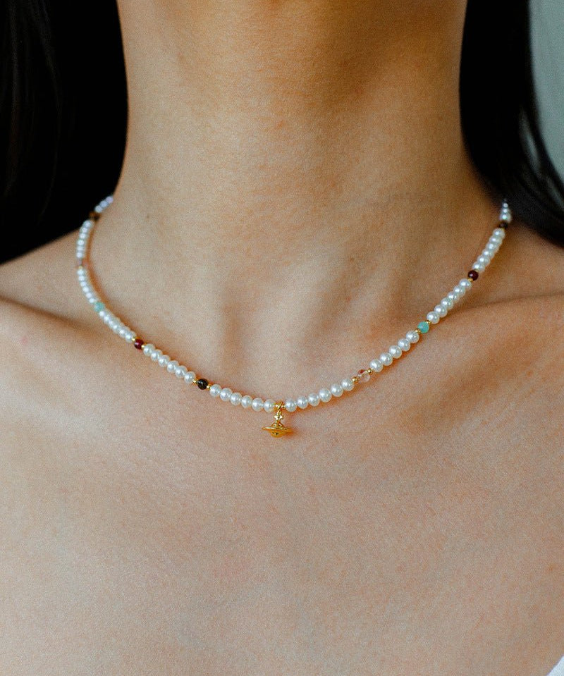 Mini Pearl & Colorful Natural Stone Saturn Pendant Necklace - floysun