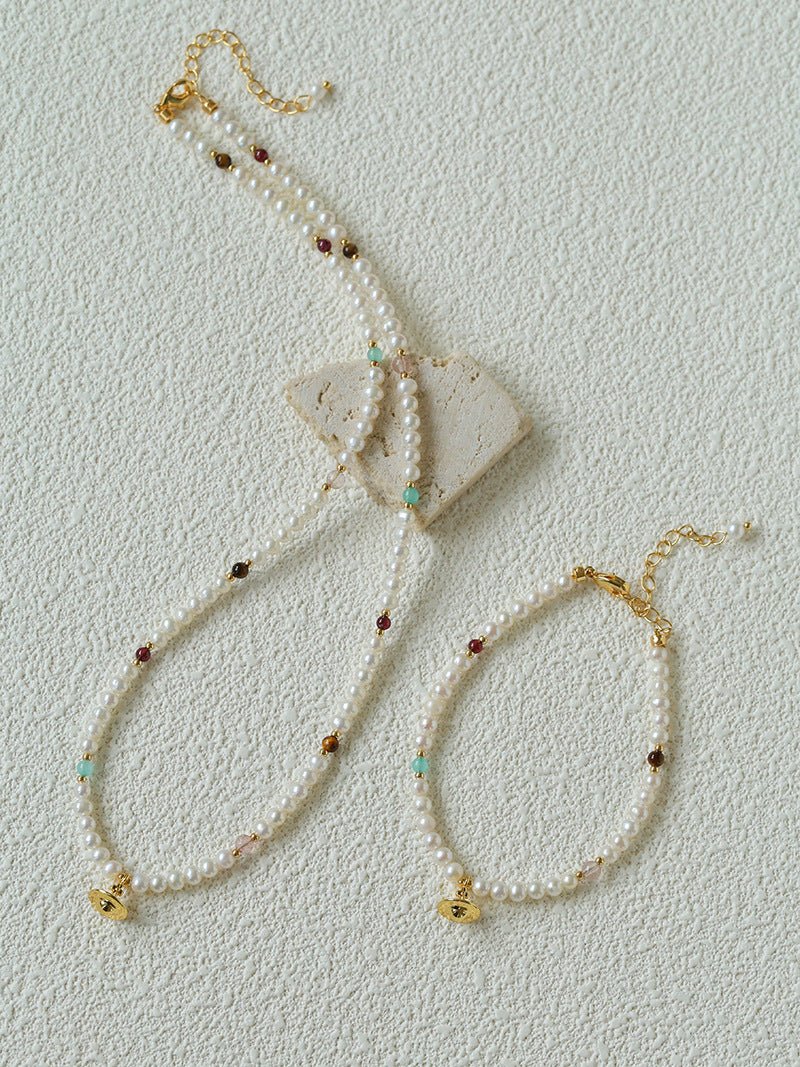 Mini Pearl & Colorful Natural Stone Saturn Pendant Necklace - floysun