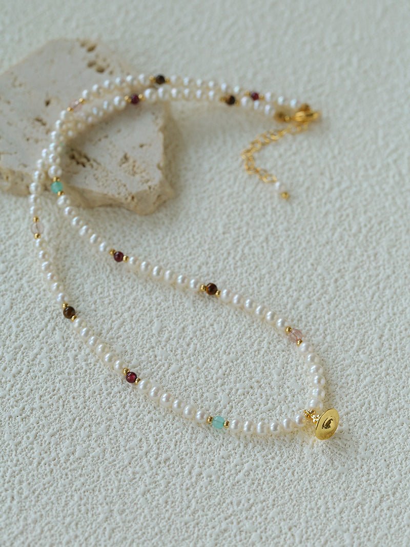 Mini Pearl & Colorful Natural Stone Saturn Pendant Necklace - floysun