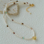 Mini Pearl & Colorful Natural Stone Saturn Pendant Necklace - floysun