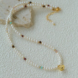 Mini Pearl & Colorful Natural Stone Saturn Pendant Necklace - floysun