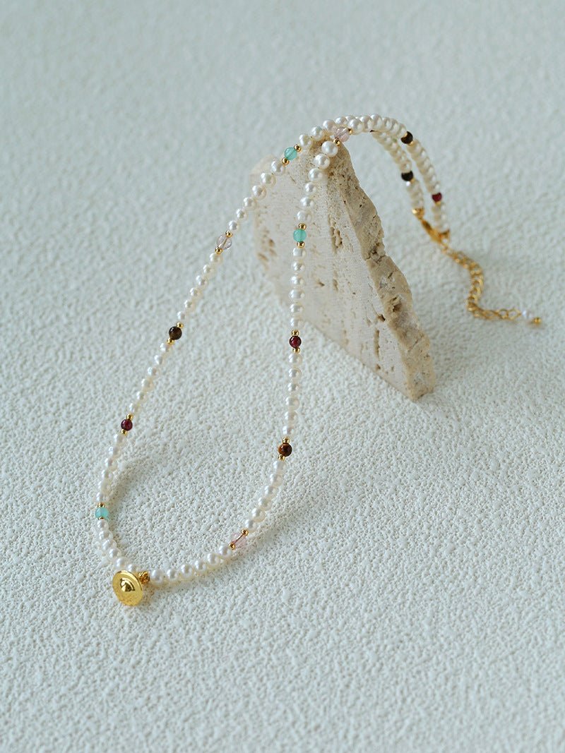 Mini Pearl & Colorful Natural Stone Saturn Pendant Necklace - floysun