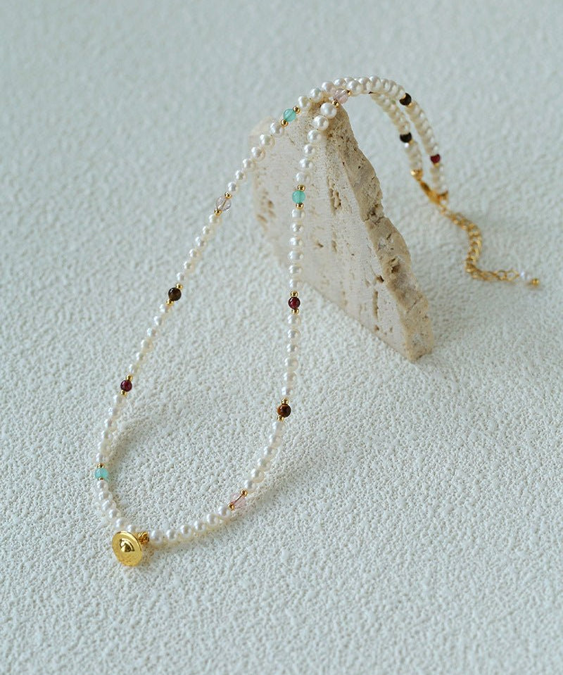 Mini Pearl & Colorful Natural Stone Saturn Pendant Necklace - floysun