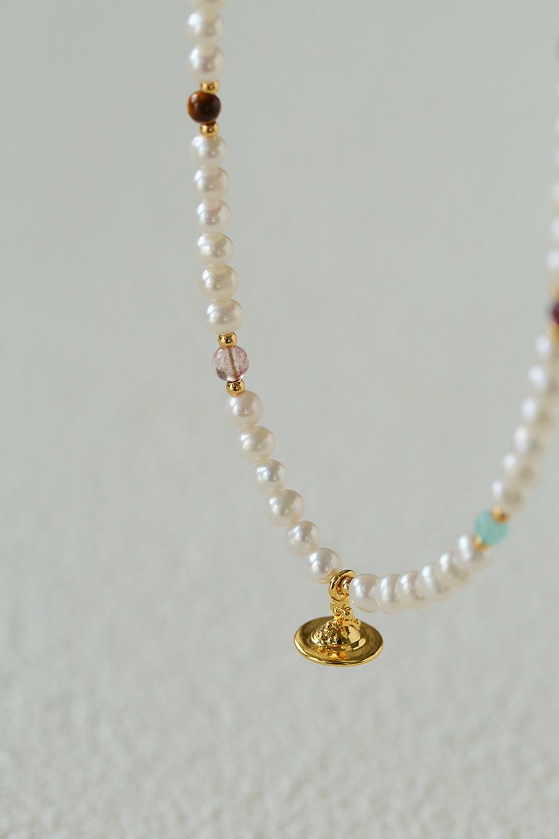 Mini Pearl & Colorful Natural Stone Saturn Pendant Necklace - floysun