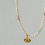 Mini Pearl & Colorful Natural Stone Saturn Pendant Necklace - floysun