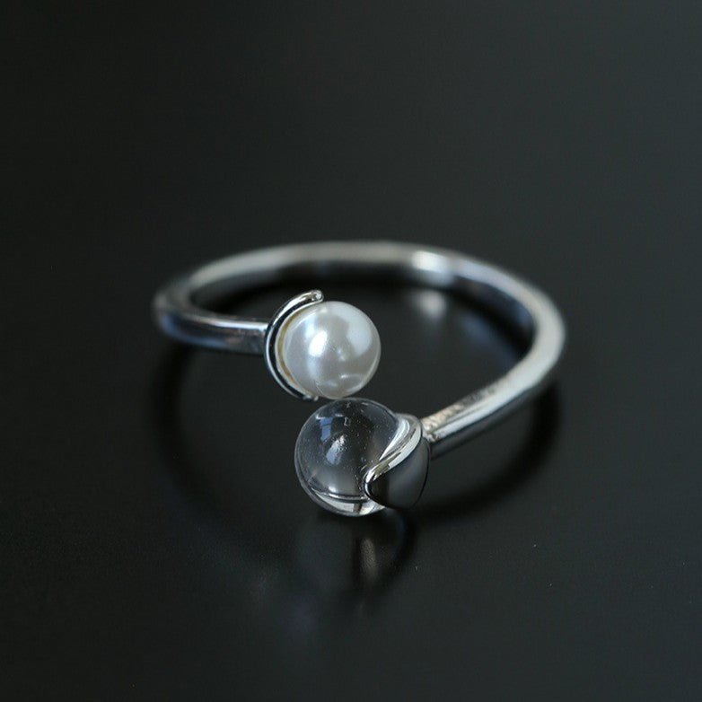 Minimal Elegant Clear Glass & Faux Pearl Adjustable Open Ring - floysun