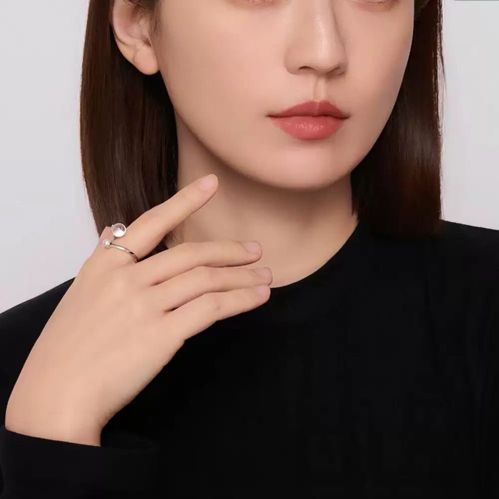 Minimal Elegant Clear Glass & Faux Pearl Adjustable Open Ring - floysun