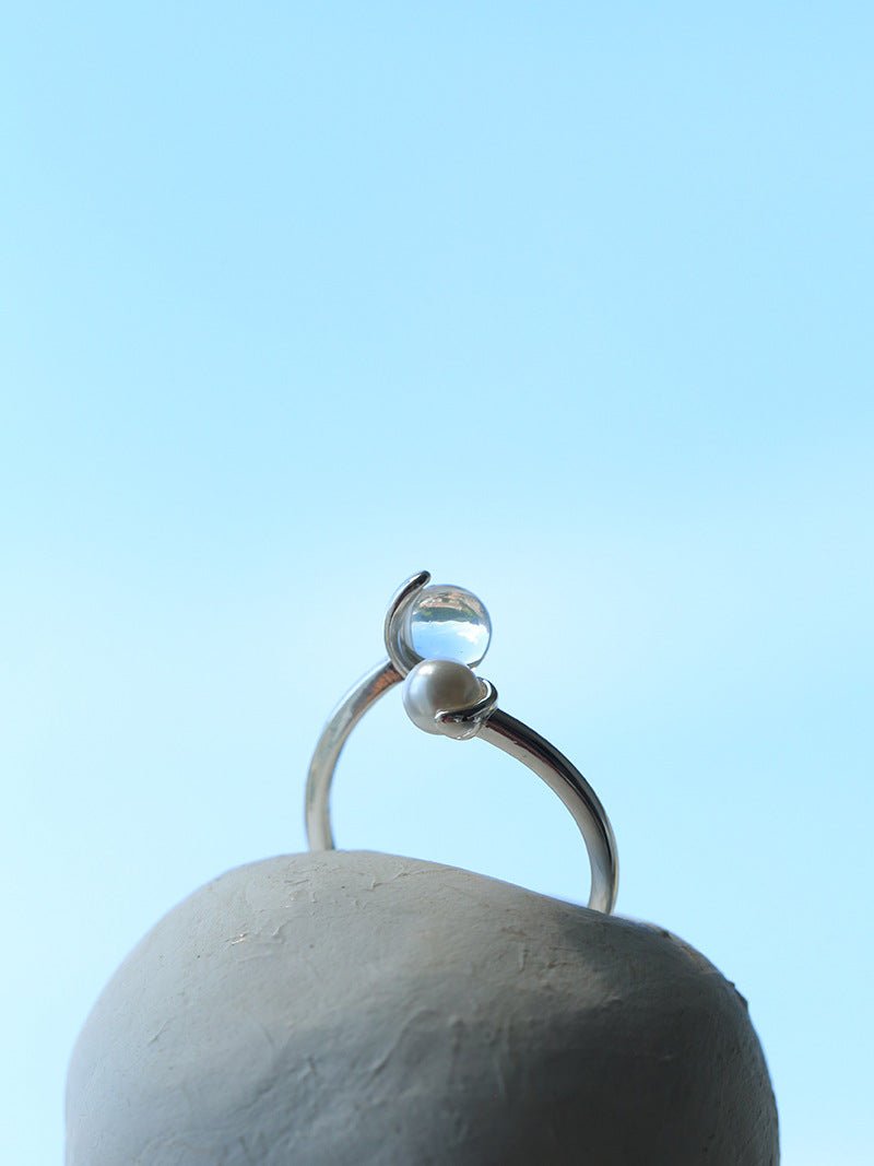 Minimal Elegant Clear Glass & Faux Pearl Adjustable Open Ring - floysun