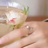 Minimal Elegant Clear Glass & Faux Pearl Adjustable Open Ring - floysun