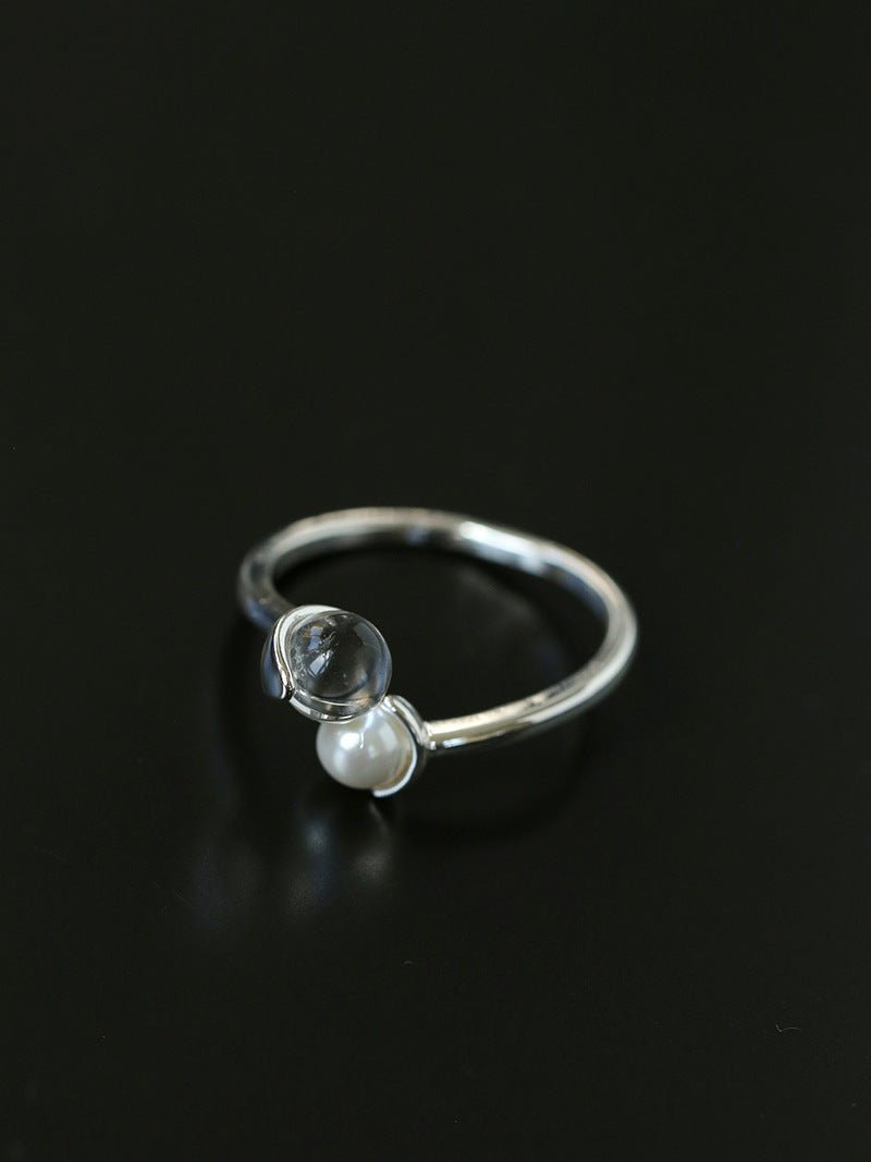 Minimal Elegant Clear Glass & Faux Pearl Adjustable Open Ring - floysun