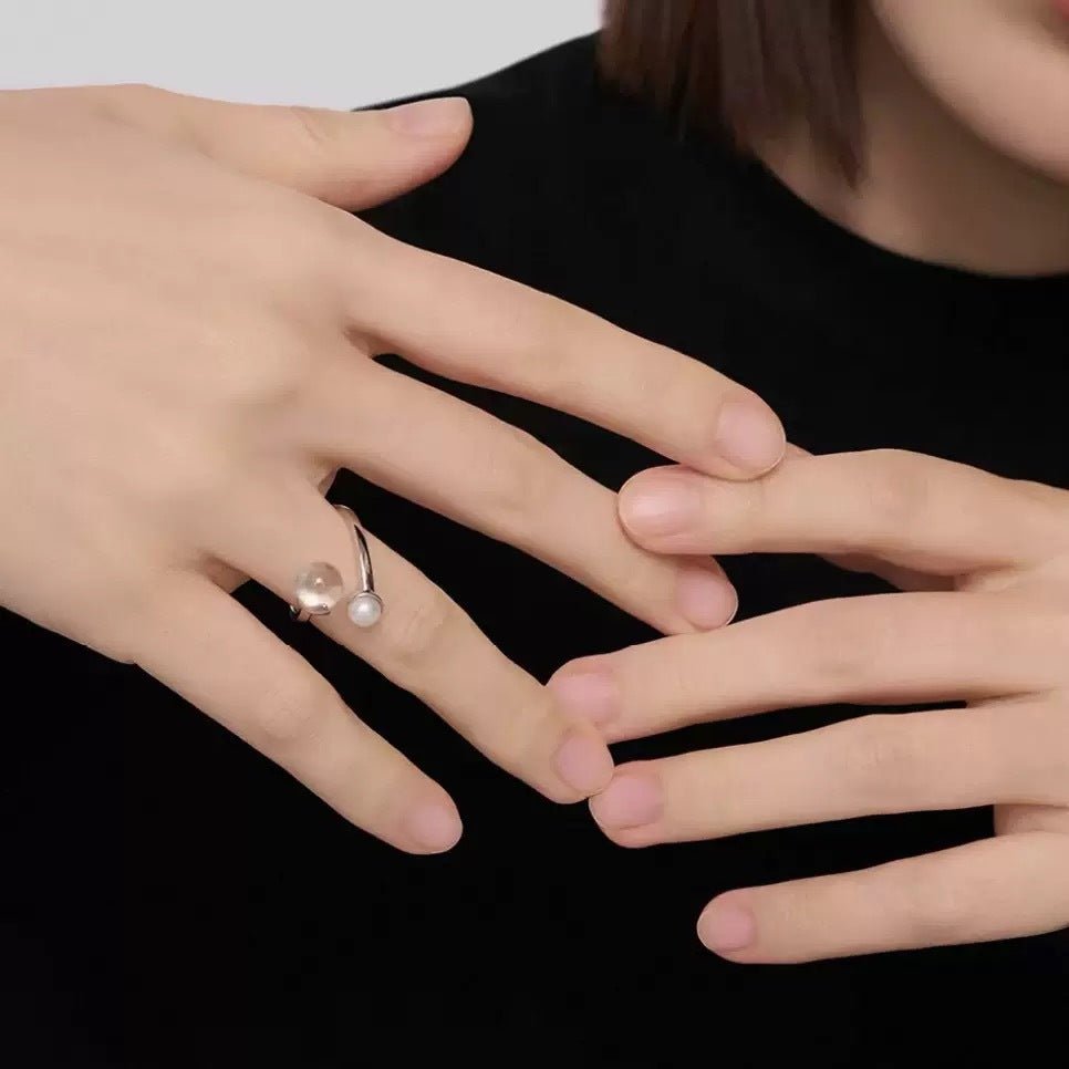 Minimal Elegant Clear Glass & Faux Pearl Adjustable Open Ring - floysun