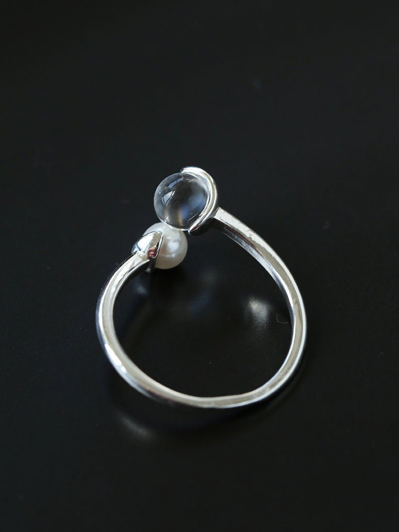 Minimal Elegant Clear Glass & Faux Pearl Adjustable Open Ring - floysun