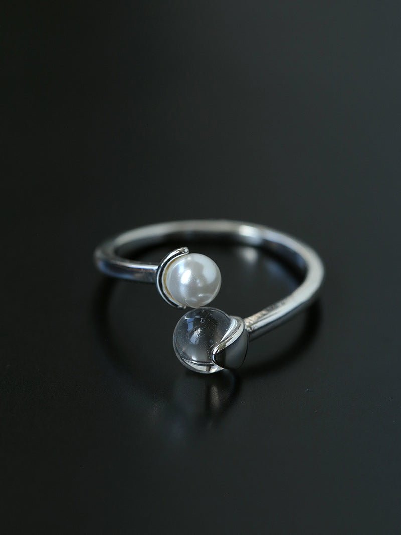 Minimal Elegant Clear Glass & Faux Pearl Adjustable Open Ring - floysun