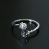 Minimal Elegant Clear Glass & Faux Pearl Adjustable Open Ring - floysun