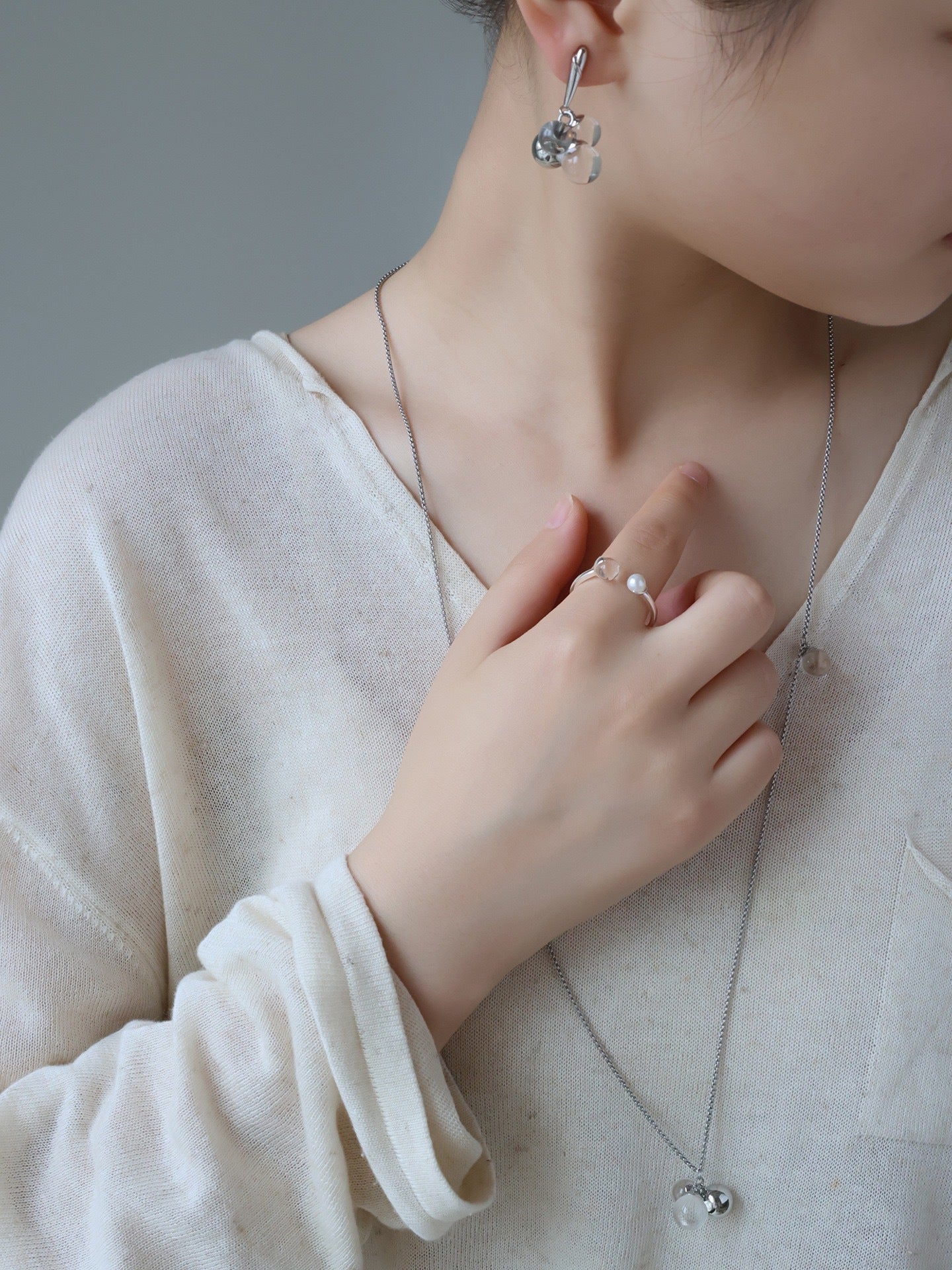 Minimal Elegant Clear Glass & Faux Pearl Adjustable Open Ring - floysun
