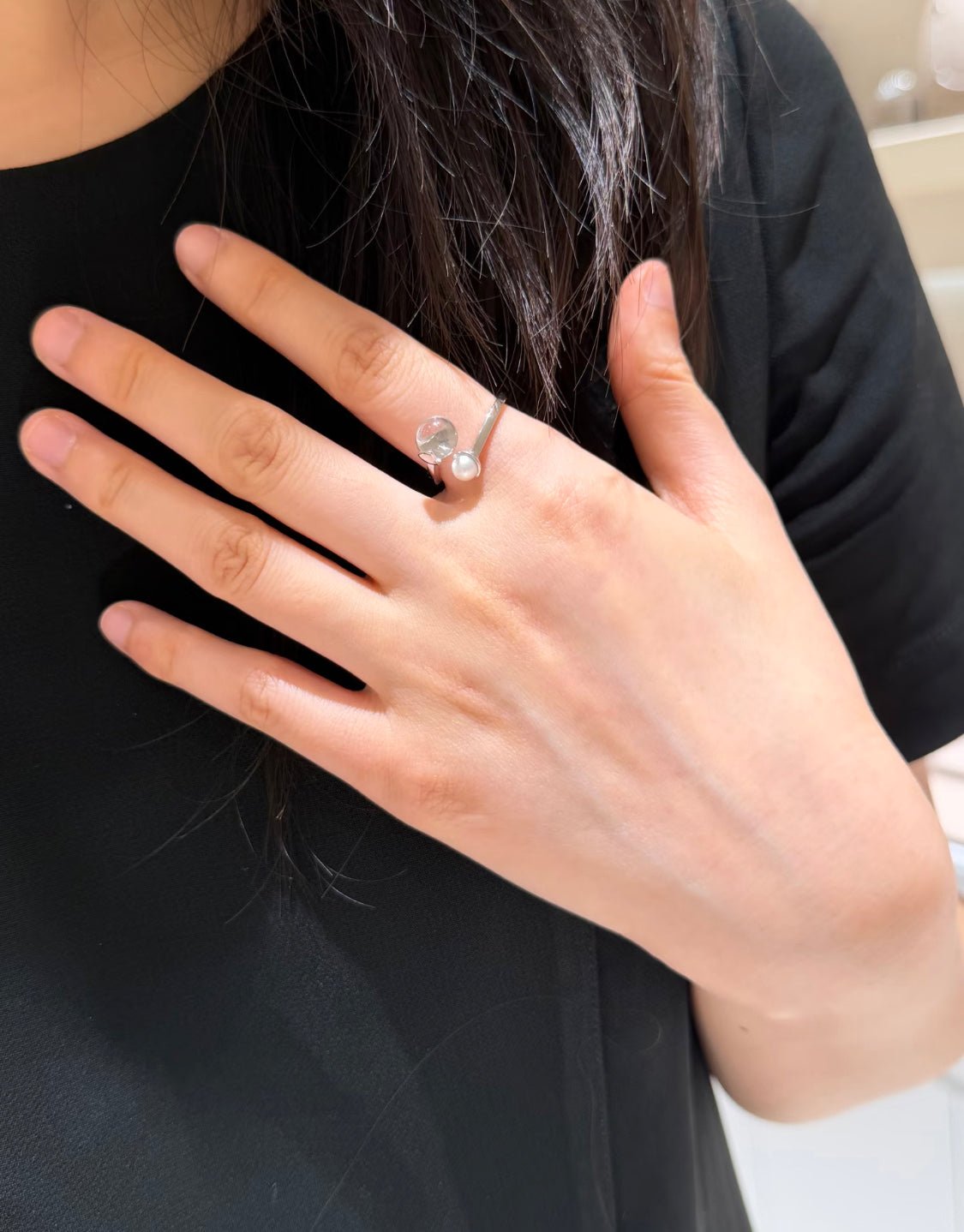 Minimal Elegant Clear Glass & Faux Pearl Adjustable Open Ring - floysun