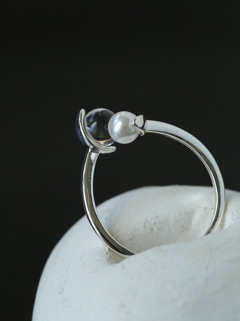 Minimal Elegant Clear Glass & Faux Pearl Adjustable Open Ring - floysun