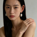 Minimal Elegant Inlaid Cubic Zirconia Baroque Freshwater Pearl Hook Earrings - floysun