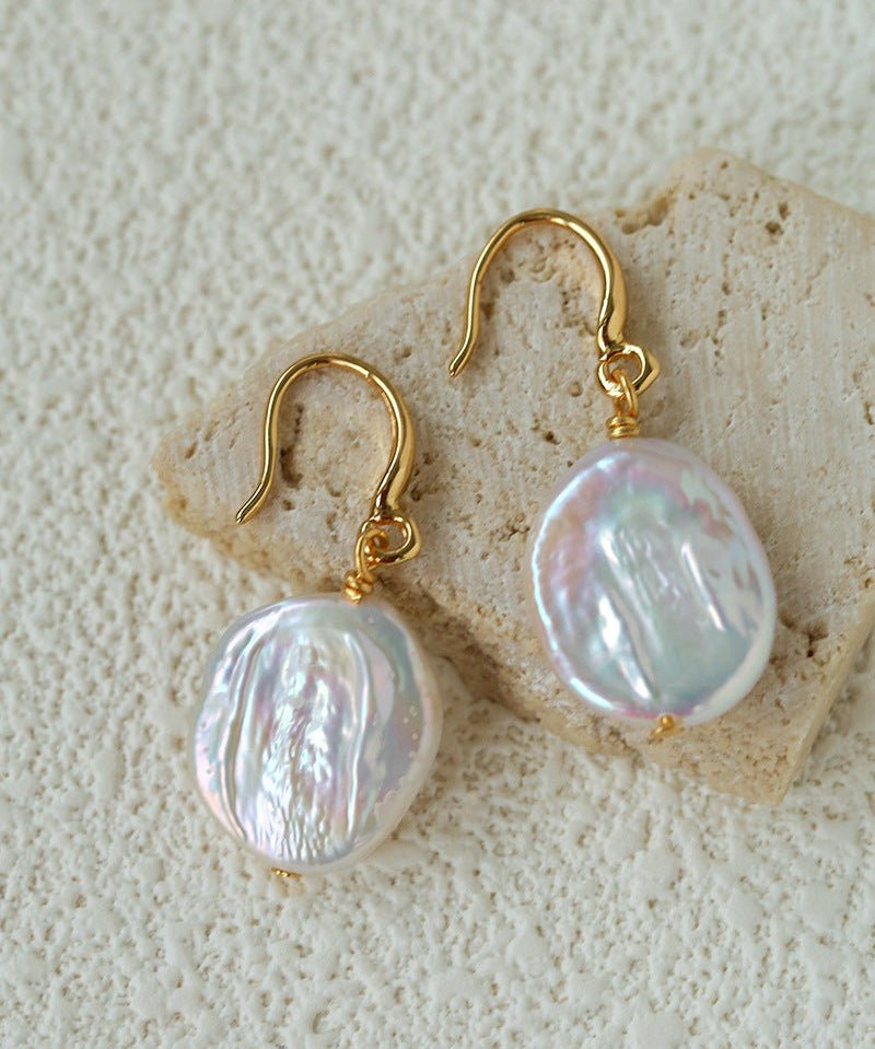 Minimal Elegant Inlaid Cubic Zirconia Baroque Freshwater Pearl Hook Earrings - floysun