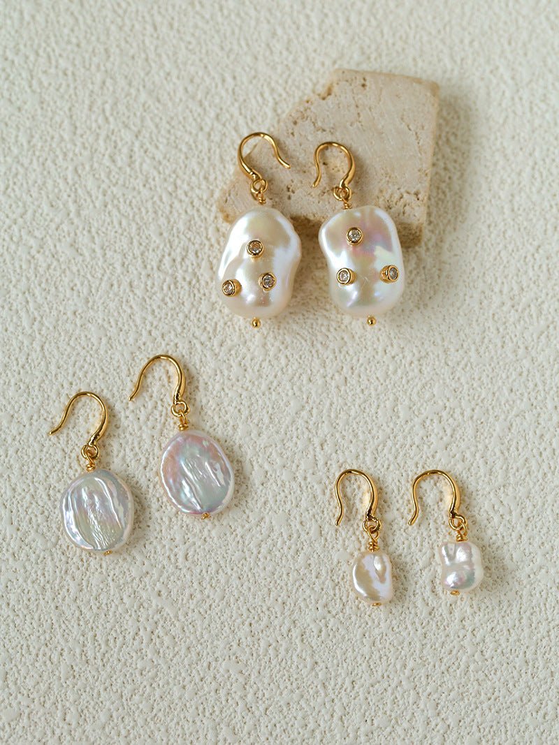 Minimal Elegant Inlaid Cubic Zirconia Baroque Freshwater Pearl Hook Earrings - floysun