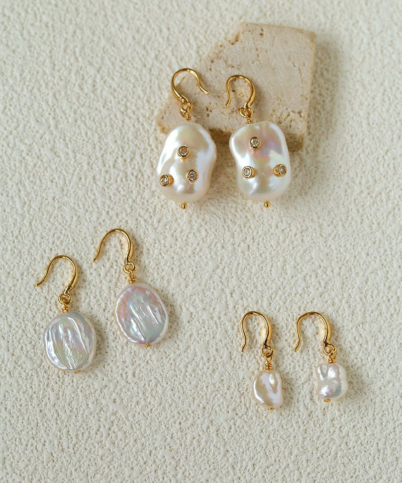 Minimal Elegant Inlaid Cubic Zirconia Baroque Freshwater Pearl Hook Earrings - floysun