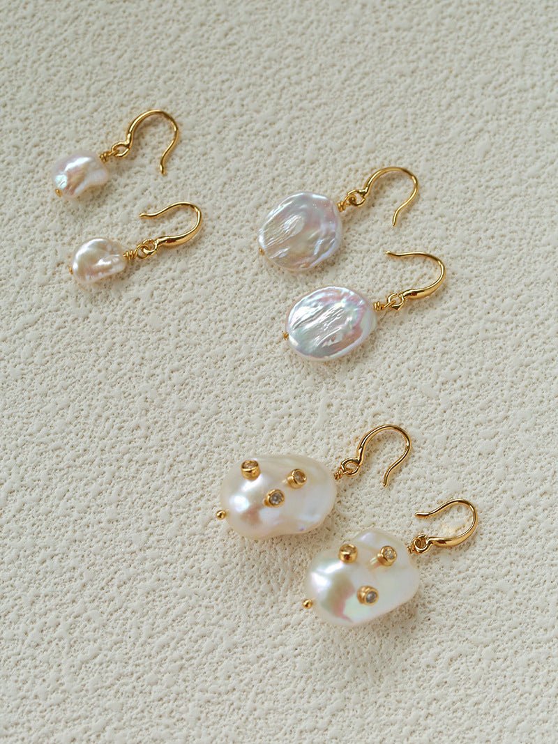 Minimal Elegant Inlaid Cubic Zirconia Baroque Freshwater Pearl Hook Earrings - floysun