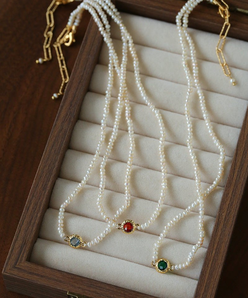 Minimal Luxury Vintage Color Zircon Rice Freshwater Pearl Collarbone Necklace - floysun
