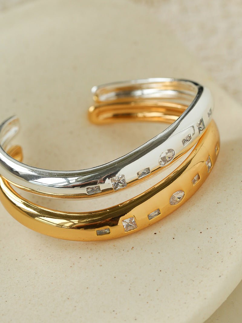 Minimal Scattered Mixed-Cut Zircon Open Cuff Bracelet - floysun