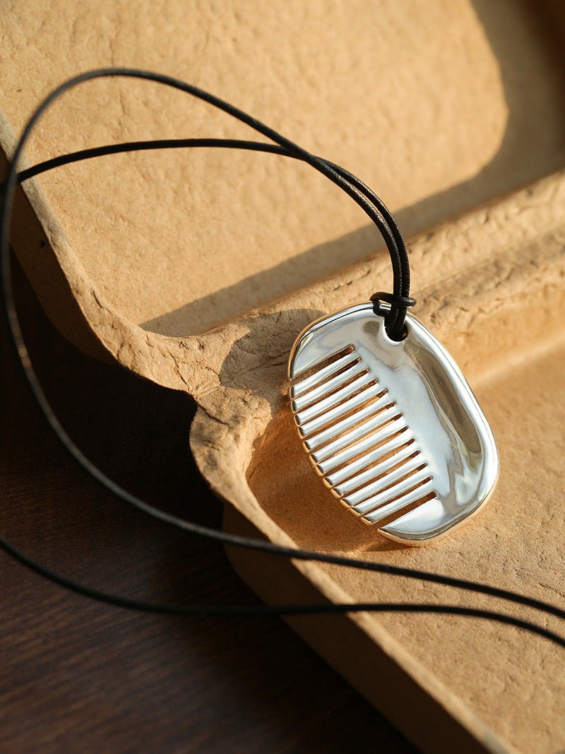 Minimal Silver Comb Pendant Leather Necklace - floysun