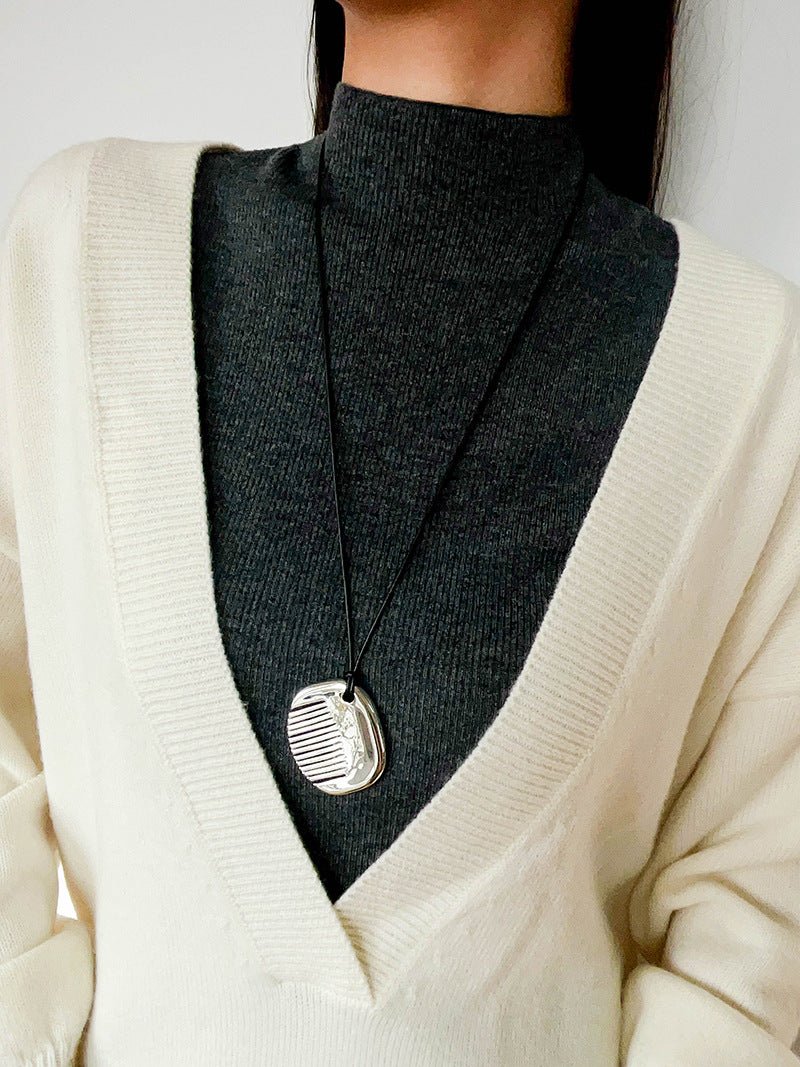 Minimal Silver Comb Pendant Leather Necklace - floysun