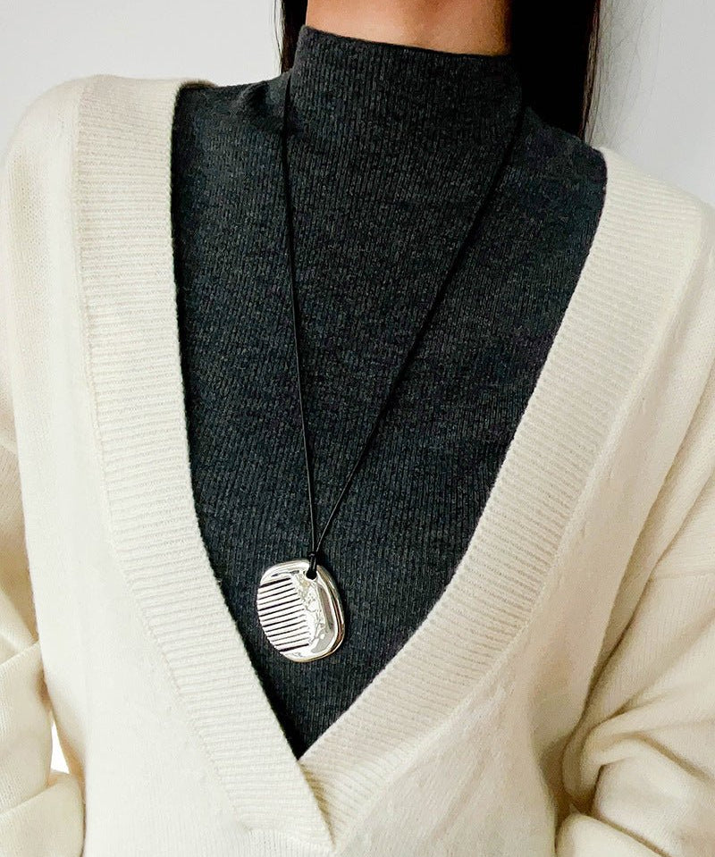 Minimal Silver Comb Pendant Leather Necklace - floysun