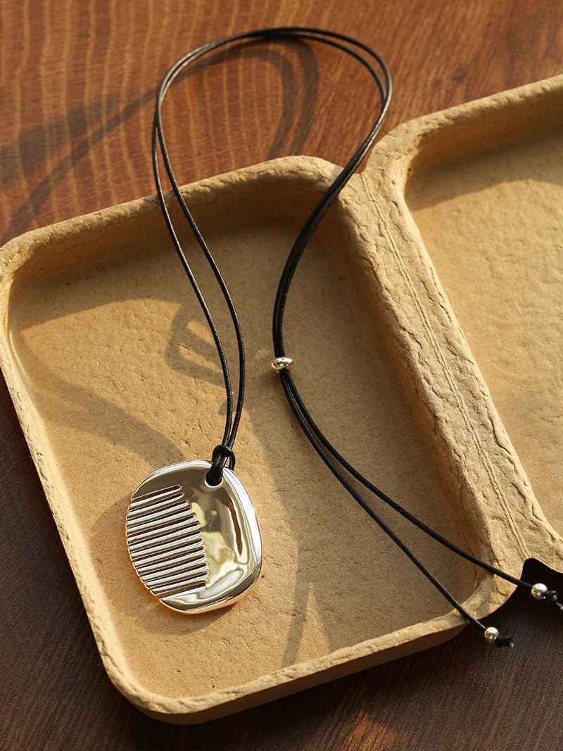 Minimal Silver Comb Pendant Leather Necklace - floysun