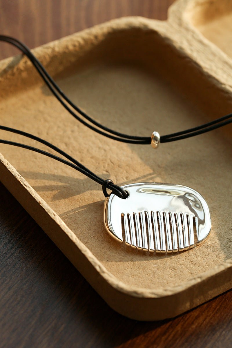 Minimal Silver Comb Pendant Leather Necklace - floysun