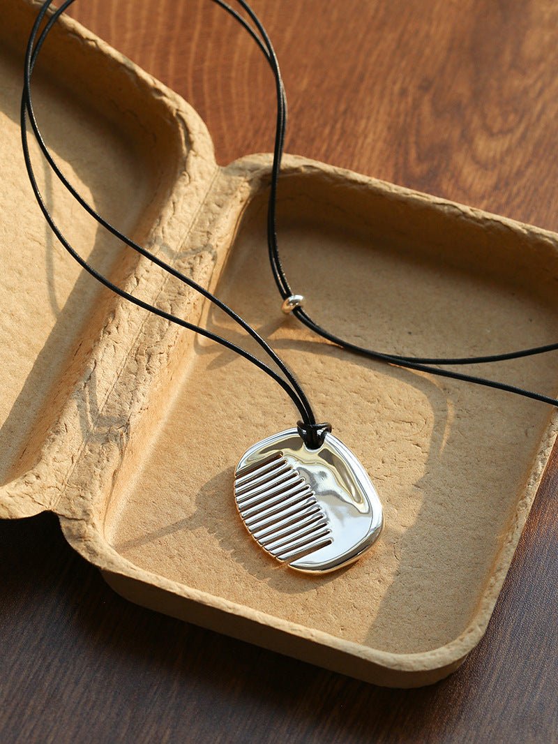 Minimal Silver Comb Pendant Leather Necklace - floysun