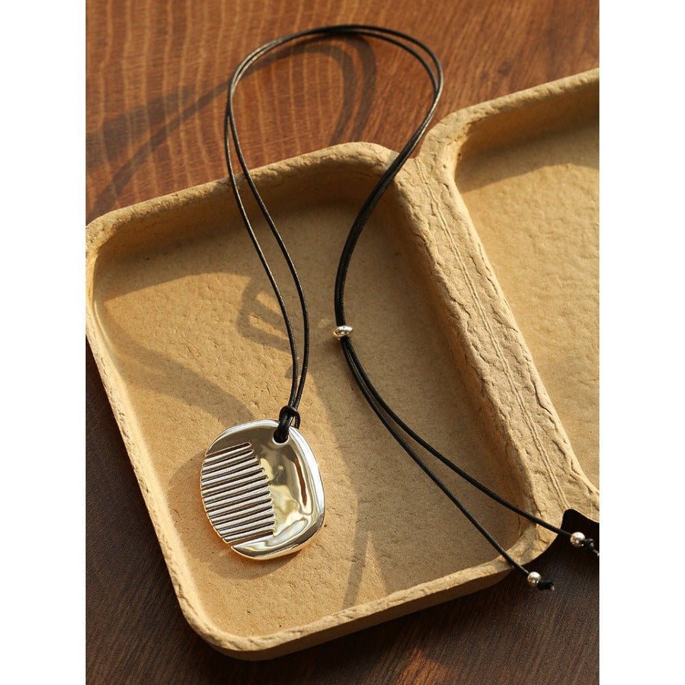 Minimal Silver Comb Pendant Leather Necklace - floysun