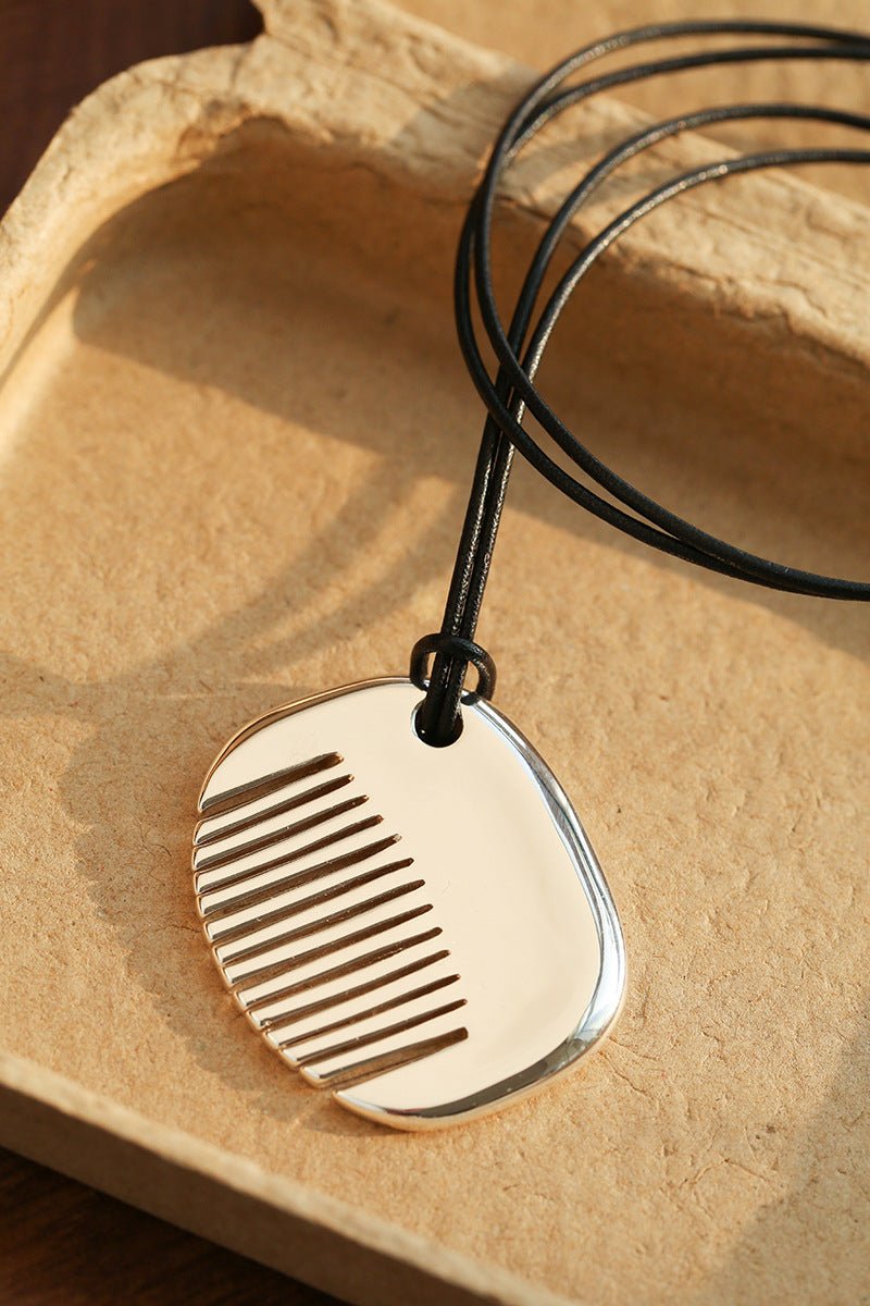 Minimal Silver Comb Pendant Leather Necklace - floysun