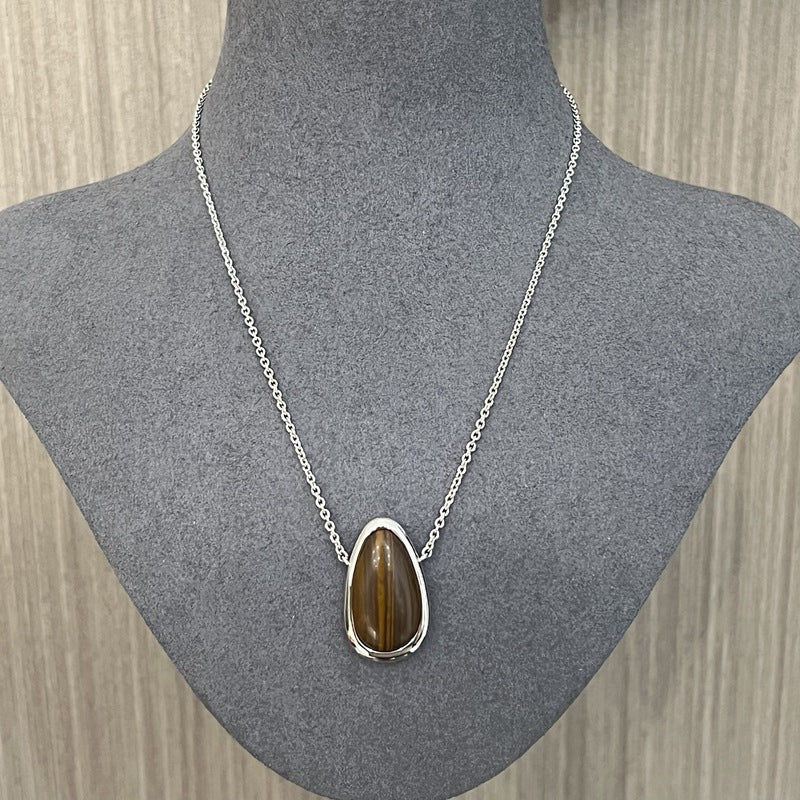 Minimalist 925 Silver Teardrop Pendant Necklace - Wood Grain Stone - floysun