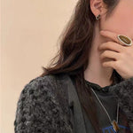 Minimalist 925 Silver Teardrop Stud Earrings - Wood Grain Stone - floysun