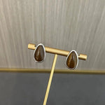 Minimalist 925 Silver Teardrop Stud Earrings - Wood Grain Stone - floysun