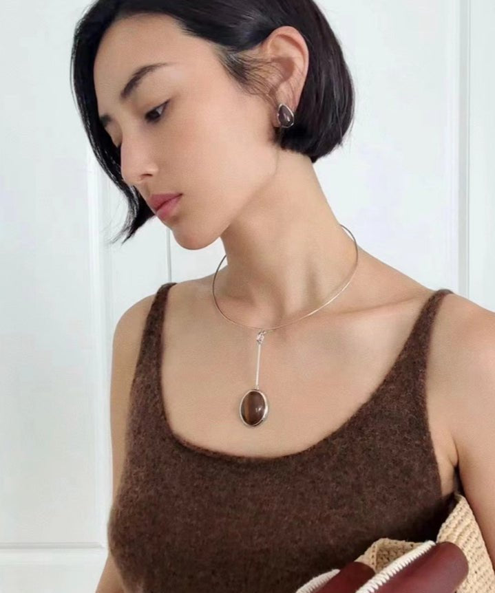 Minimalist 925 Silver Wood Grain Stone Earrings - floysun