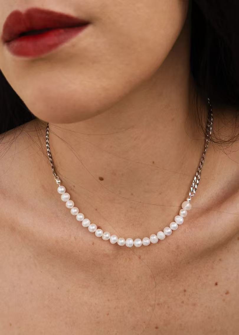 Minimalist Baroque Pearl Silver Chain Necklace - Style A - floysun