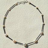 Minimalist Black Glass & Freshwater Pearl Beaded Necklace - floysun