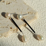 Minimalist Black Glass & Freshwater Pearl Drop Earrings - floysun