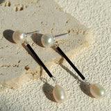 Minimalist Black Glass & Freshwater Pearl Drop Earrings - floysun