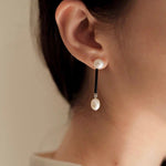 Minimalist Black Glass & Freshwater Pearl Drop Earrings - floysun