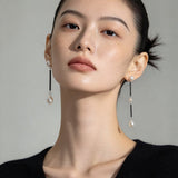 Minimalist Black Glass & Freshwater Pearl Drop Earrings - floysun