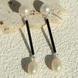 Minimalist Black Glass & Freshwater Pearl Drop Earrings - floysun